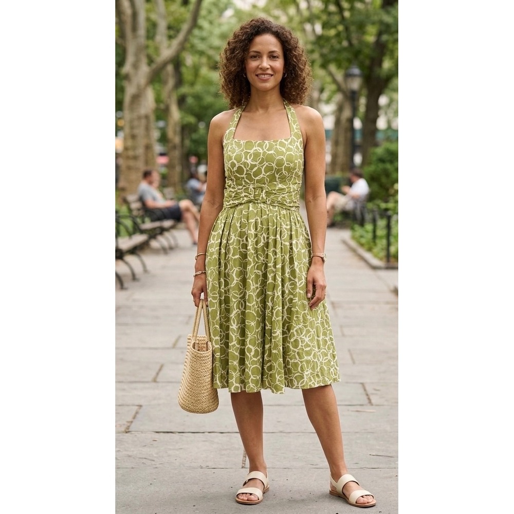 Suzi Chin Maggy Boutique Retro Green White Circle Print Cotton Halter Midi Dress